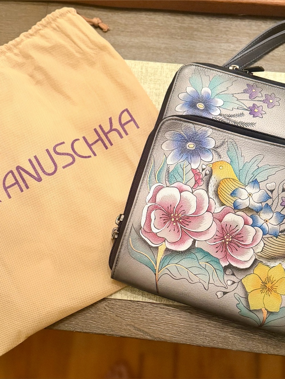 Anuschka Silver Hand-Painted Floral Shoulder Bag with Multicolor Blooms